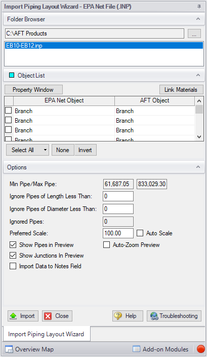 The Import Piping Layout Wizard for EPA Net Files.
